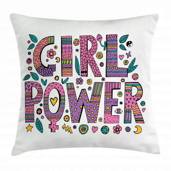 Feminist Throw Pillow Cushion Cover, Hippie Boho Girl Power Lettering with Foliage in Shades of Pink and Purple Colors, Decorative Square Accent Pillow Case, 18 X 18 Inches, Multicolor, by Ambesonne