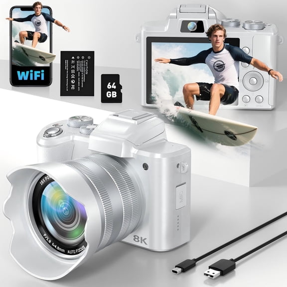 Femivo 8K Digital Camera 88MP with 16X Zoom, WiFi, Touch Screen & Dual Lens - Vlogging Camera with 2 Batteries, 64GB Card, Flash,White