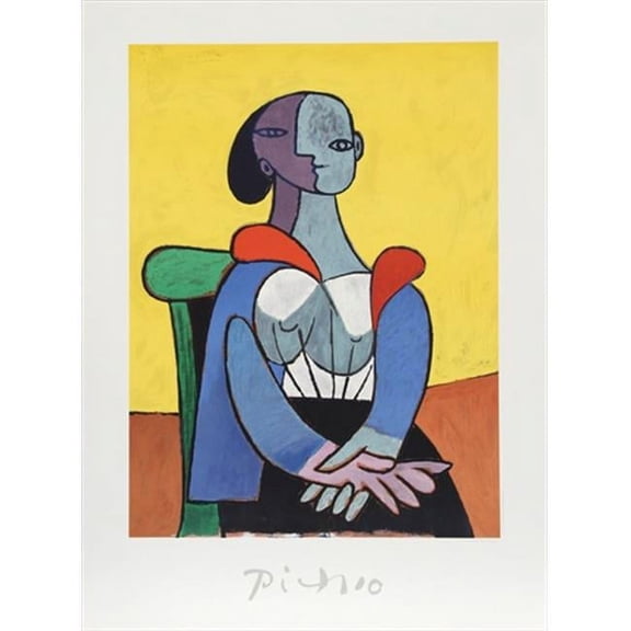 Femme A La Chaise Sur Fond Jaune - Yellow- Gray- Blue- Red- Purple- Orange - Lithograph on Paper 29 In. x 22 In.