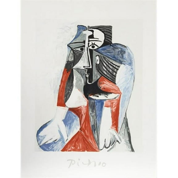Femme Assise, Lithograph on Paper 29 In. x 22 In. - Blue, Red, Black, Gray
