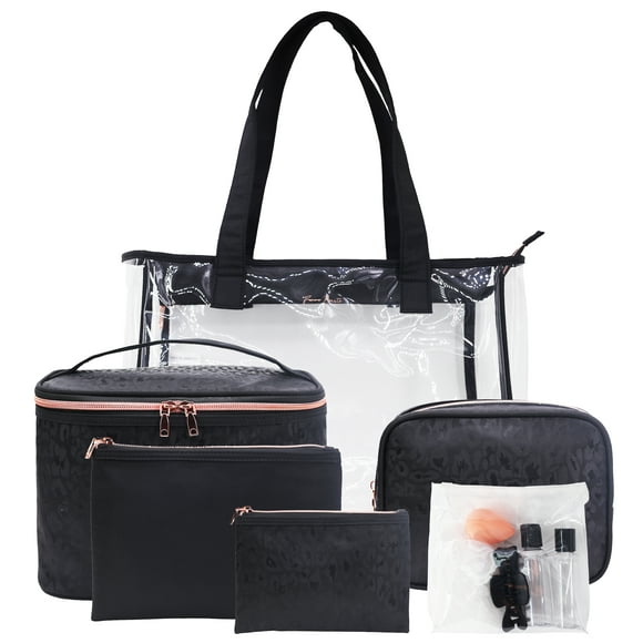 , 10 Piece Tote Set for Travel, Black Leopard Jacquard