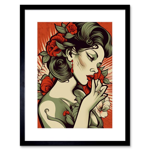 Femme Fatale Roses Pin Up Rockabilly Americana 50s Artwork Framed Wall Art Print 9X7 Inch