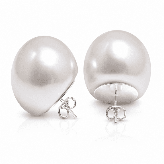 Femme Jam 925 Sterling Silver 30mm Button Freshwater Pearl Stud Earrings for Women, Large White Pearl Studs with Butterfly Back