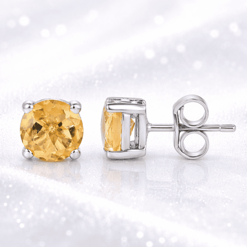 Femme Jam 925 Sterling Silver 6mm Round Citrine Stud Earrings, Yellow Gemstone Solitaire, Hypoallergenic Unisex Jewelry