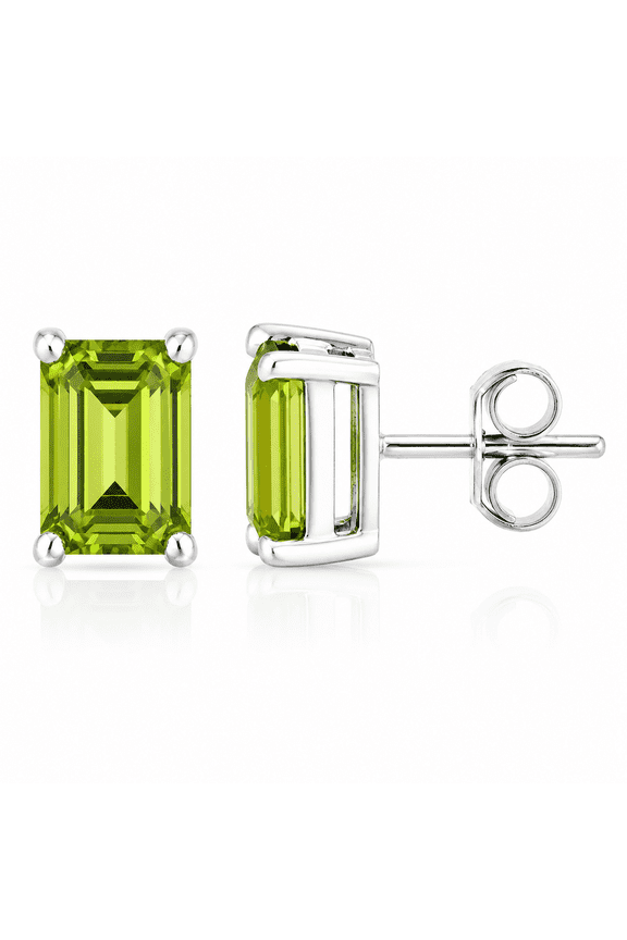 Natural Peridot Stud Earrings, Genuine 925 Sterling Silver, Emerald Cut 6 x 4 mm Gemstone, Butterfly Back, Women's Fine Jewelry
