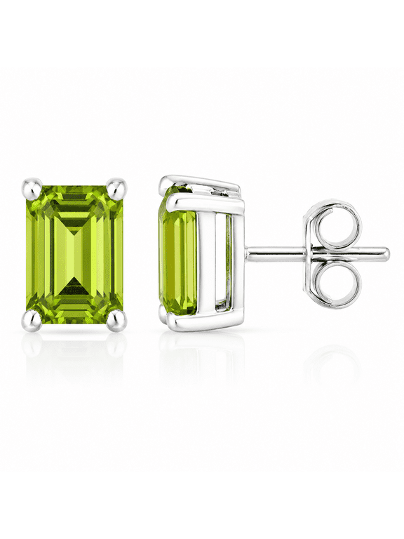 Natural Peridot Stud Earrings, Genuine 925 Sterling Silver, Emerald Cut 6 x 4 mm Gemstone, Butterfly Back, Women's Fine Jewelry