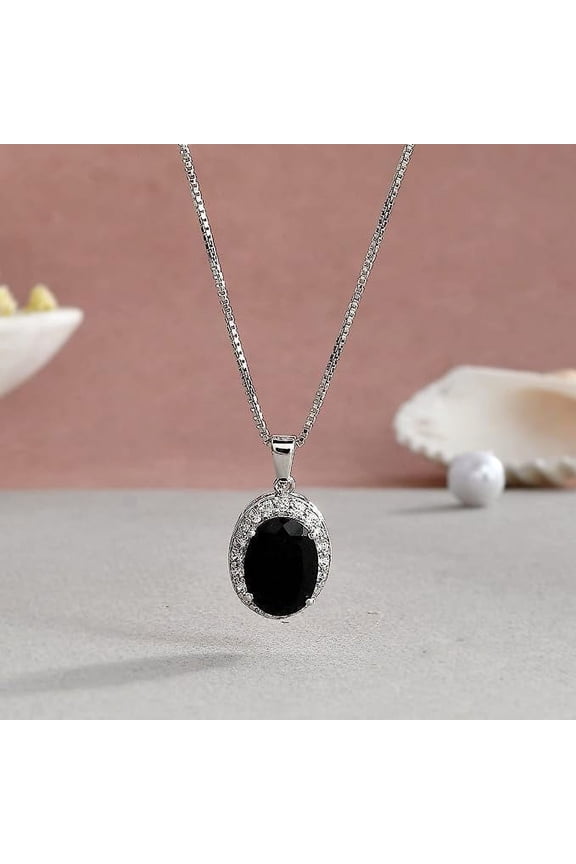 925 Sterling Silver Big Solitaire Black Onyx Gemstone & Zirconia Crystals Necklace for Women