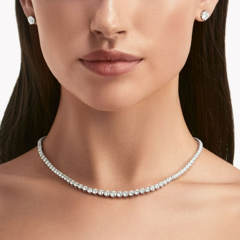 Femme Jam 925 Sterling Silver Cubic Zirconia Single Line Solitaire Tennis Necklace Set for Women