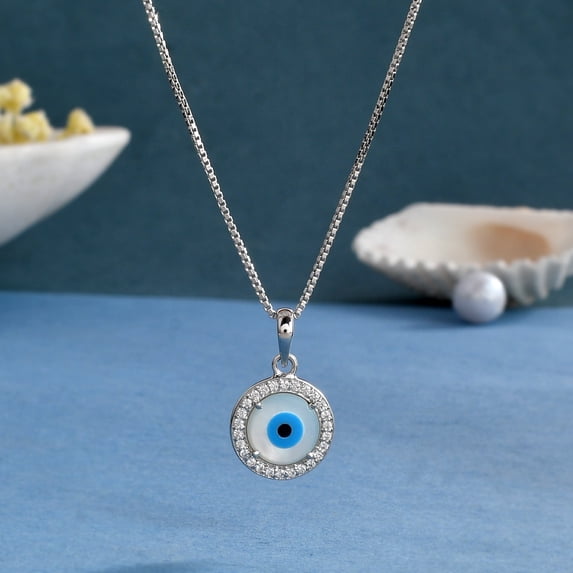 Femme Jam 925 Sterling Silver Evil Eye Round Necklace with Mother of Pearl Gemstone & Zirconia Crystals