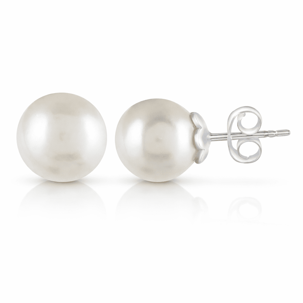 Femme Jam 925 Sterling Silver Freshwater Pearl Stud Earrings, Classic Round Pearl Earrings for Women, Hypoallergenic Push Back, 10mm
