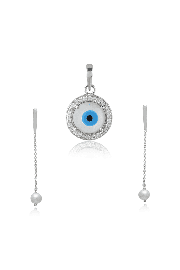 925 Sterling Silver Mother of Pearl Round Shape Evil Eye Jewelry Set for Women