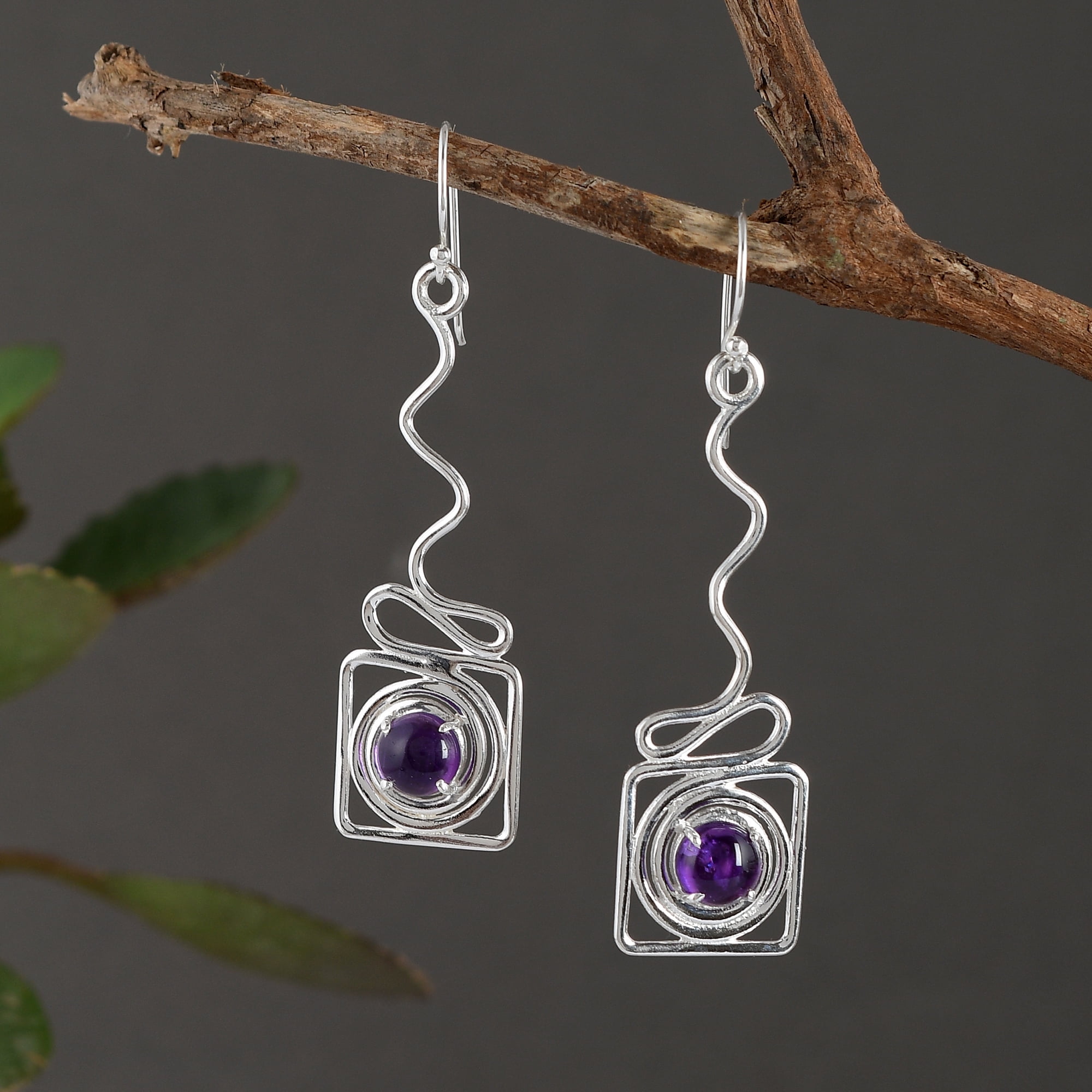 Femme Jam 925 Sterling Silver Natural Amethyst Designer Dangle Drop Dangler Earrings for Women