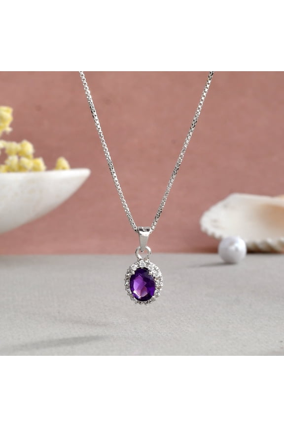 925 Sterling Silver Oval Cut Natural Amethyst Gemstone & Zirconia Crystals Necklace for Women