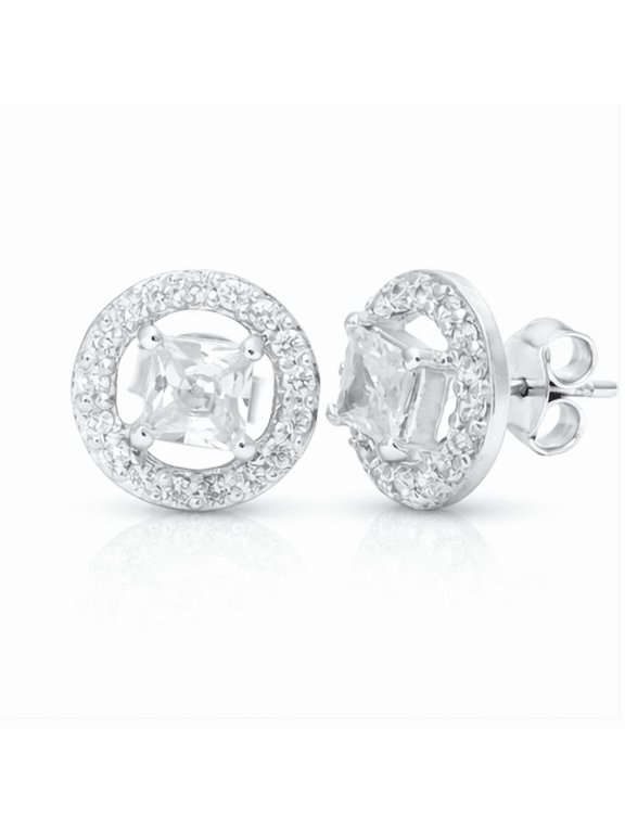925 Sterling Silver Cubic Zirconia Halo Stud Earrings for Adults, Princess Cut Center Stone, Butterfly Back, Silver