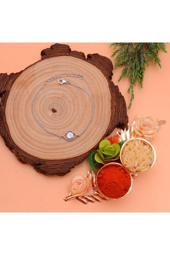 925 Sterling Silver Rakhi Bracelet for Raksha Bandhan for Men and Boys, Adjustable Pure Sterling Silver Zirconia Crystals Bracelet Rakhi With Roli Chawal With a 92.5 Stamp