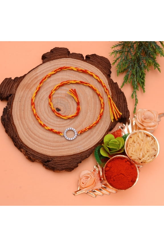 925 Sterling Silver Red Thread Braided Cubic Zirconia Rakhi with Roli and Chawal for Brother Bhai Bhabhi for Rakshabandhan