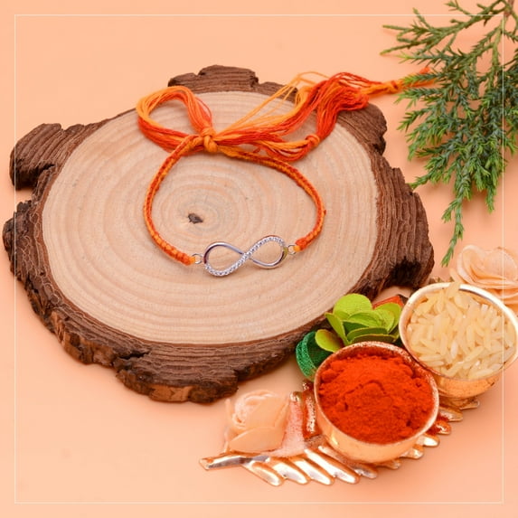 Femme Jam 925 Sterling Silver Red Thread Braided Infinity Shape Rakhi with Roli and Chawal for Brother Bhai Bhabhi for Rakshabandhan