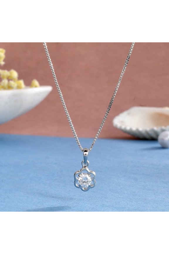 925 Sterling Silver Solitaire Round Cut Cubic Zirconia Floral Necklace for Women