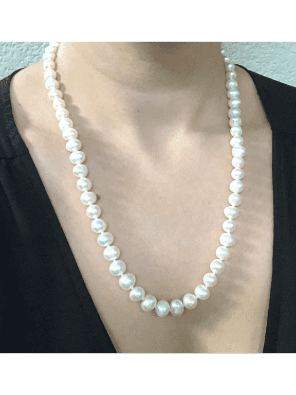 II ROUND PEARL II Classic Cultured Freshwater White Strand Pearl Necklace for Women Jewelry