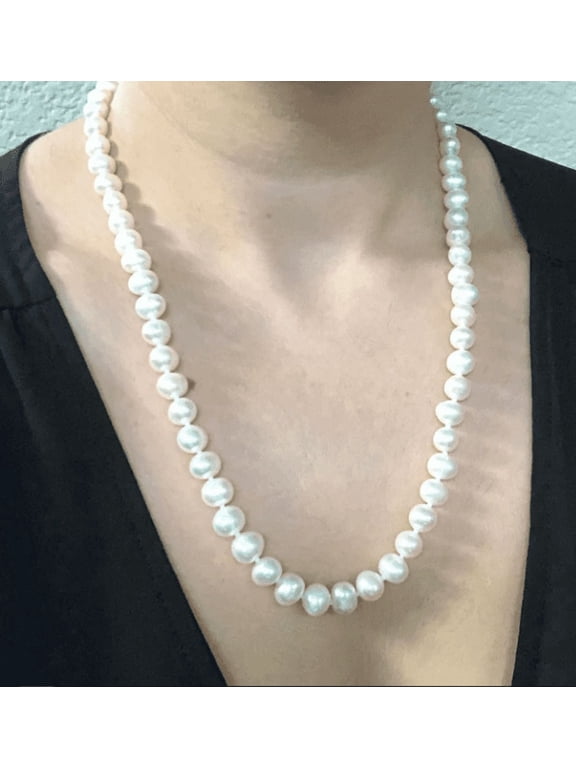 II ROUND PEARL II Classic Cultured Freshwater White Strand Pearl Necklace for Women Jewelry