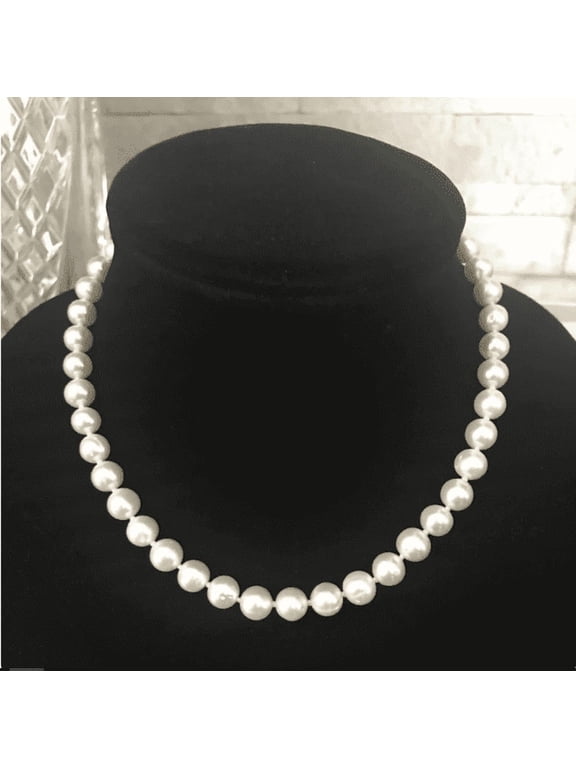 Real Pearl Necklace for Women with AAA+ Quality Round White Freshwater Genuine Pearls | 16 Inch Length - 9mm Thick Pearl Strand with 925 Sterling Silver Toggle Claps