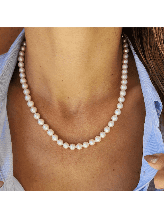 Real Pearl Necklace for Women with AAA+ Quality Round White Freshwater Genuine Pearls | 18 Inch Length - 7mm Thick Pearl Strand with 925 Sterling Silver Toggle Claps