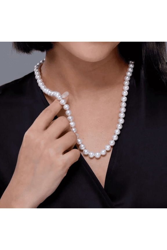 Real Pearl Necklace for Women with AAA+ Quality Round White Freshwater Genuine Pearls | 22 Inch Length - 9mm Thick Pearl Strand with 925 Sterling Silver Toggle Claps