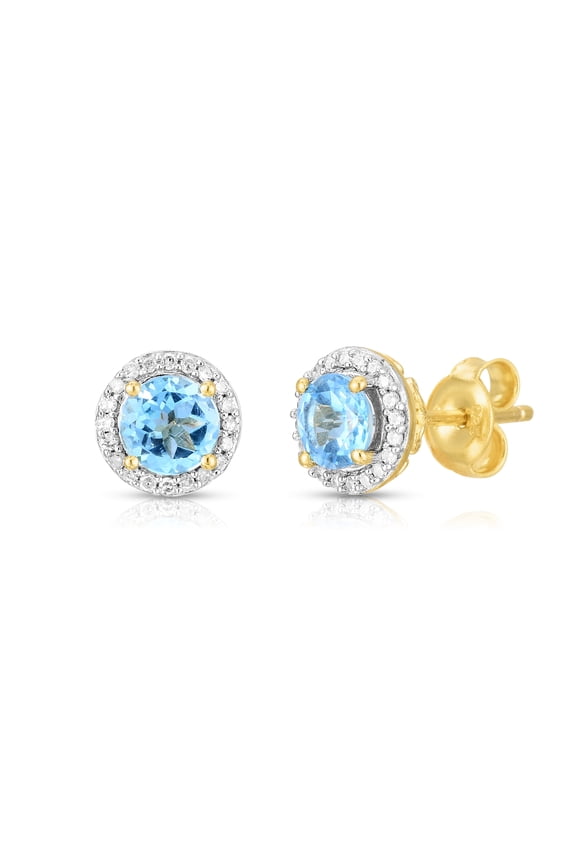Swiss Blue Topaz Gemstone and Diamond Halo Stud Earrings in 14K Yellow Gold plated in 925 Sterling Silver, December Birthstone.