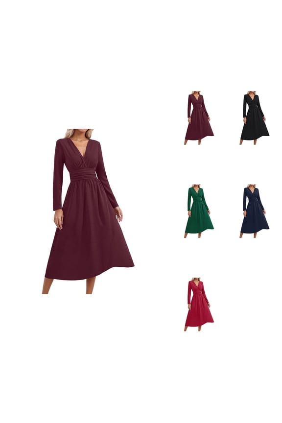 Femme Robe Longue À Manches Longues Style Été/Automne, Élégante Robe De Plage Avec Taille Haute Ruchée, Coupe Wrap V-Neck, Étoffe Fluide Et Plissée, Robe Casual Solide Midi