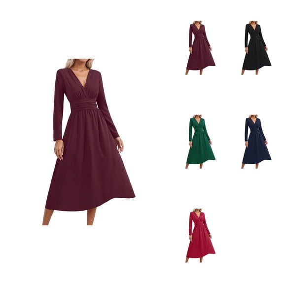 Femme Robe Longue À Manches Longues Style Été/Automne, Élégante Robe De Plage Avec Taille Haute Ruchée, Coupe Wrap V-Neck, Étoffe Fluide Et Plissée, Robe Casual Solide Midi