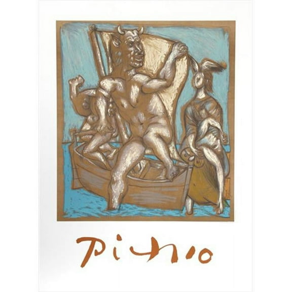Femme et Minotaure- Lithograph on Paper - Brown- Blue- Yellow- White