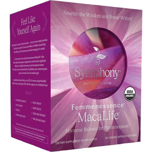 Femmenessence MacaLife Clinically Proven for Perimenopause, Womens Natural Hormone Balance Supplements, Relief of Hot Flashes, Night Sweats, Mood Swings, Dryness, 120 Maca Capsules, 60-Day Supply