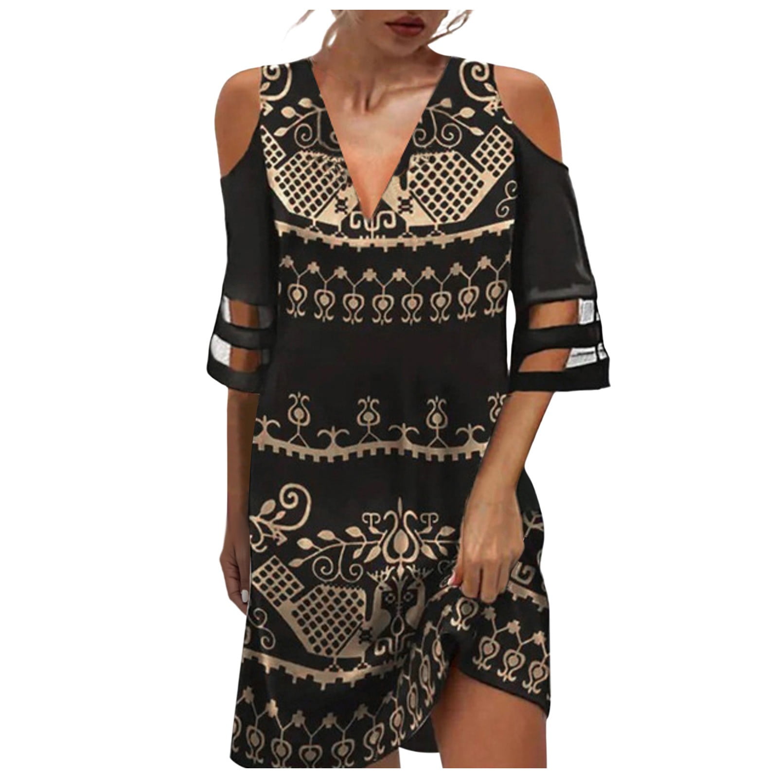 NaLatia Femmes Col V Robe à Manches Longues Tunique Élégant Soirée Fête Cocktail Shirt Robes