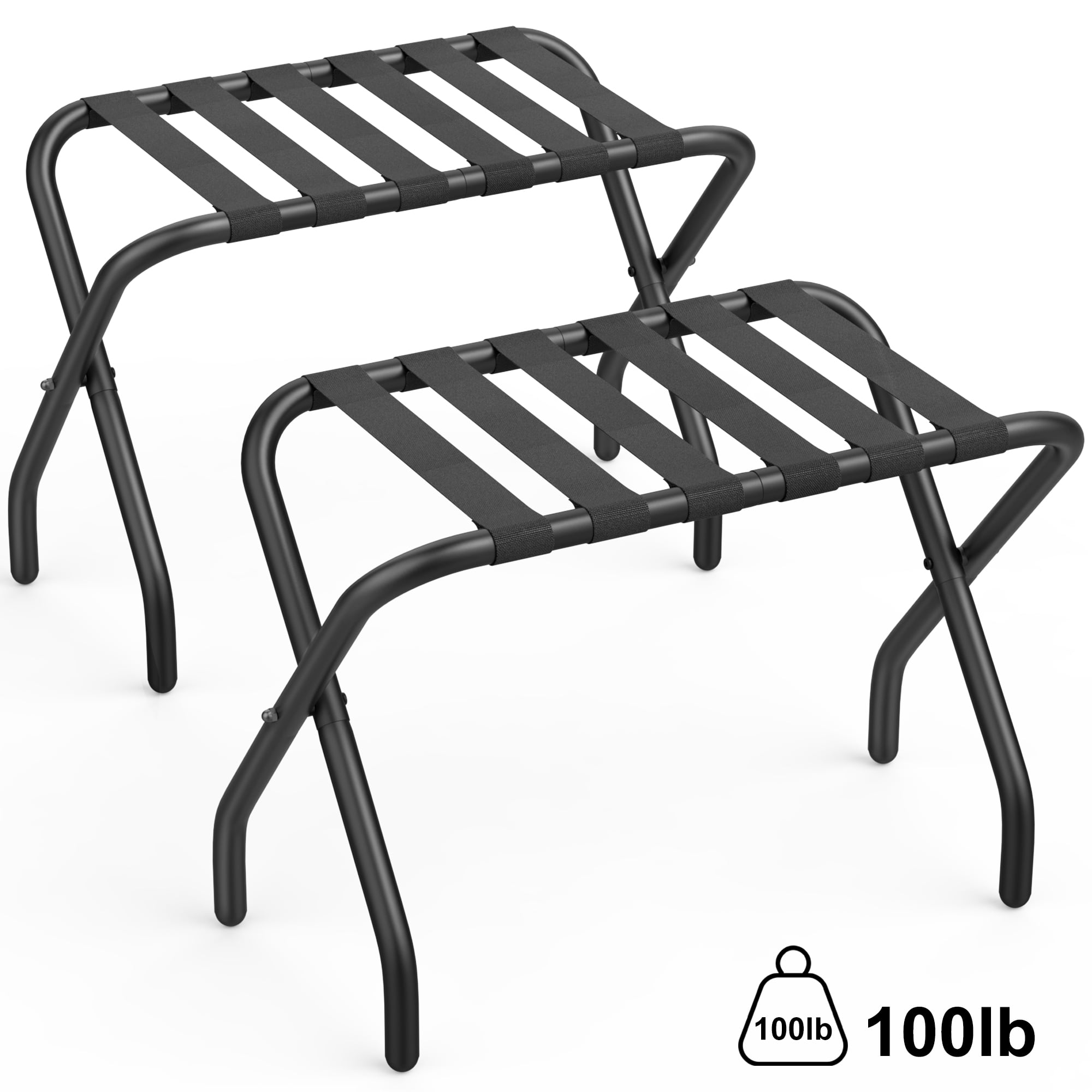Black Steel Folding Luggage Rack with Nylon Straps, Set of 2