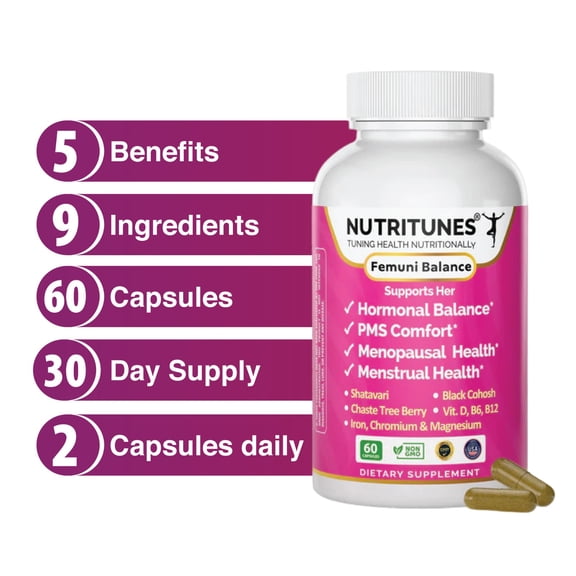 NutriTunes Femuni Balance Hormone Balance & Menopause Supplement for Women with Black Cohosh, Vitex & Shatavari, 60 Capsules