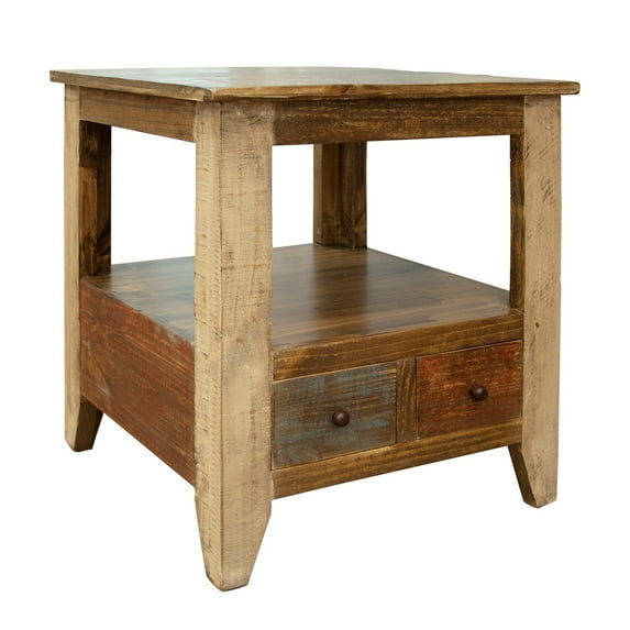 Fena 26 Inch 2 Drawer End Table Open Shelf Multicolor Distress Pine Wood - Saltoro Sherpi