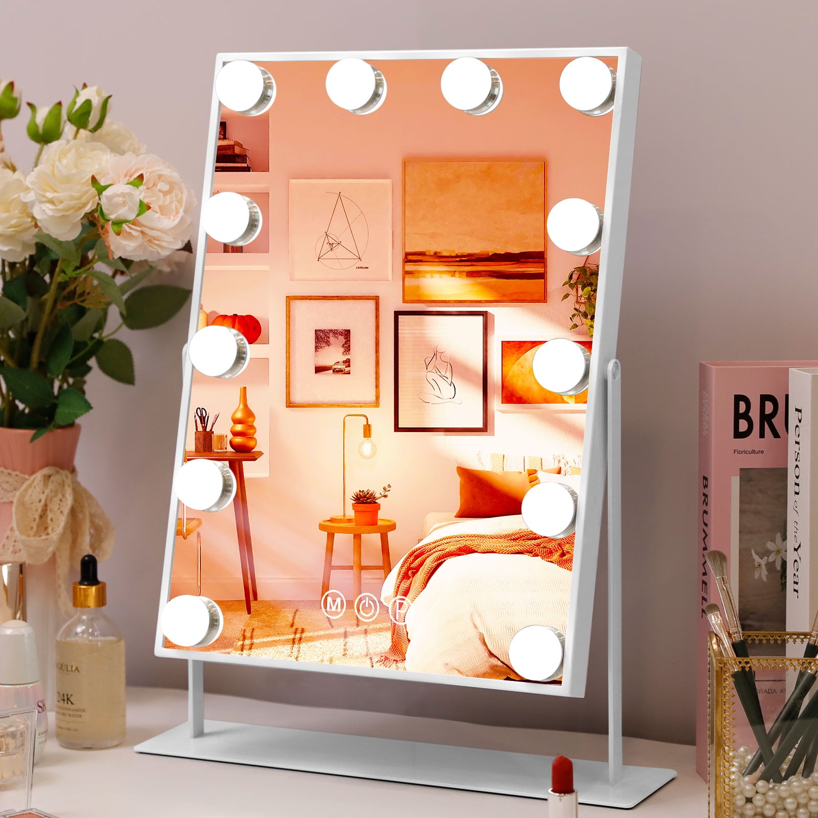 Fenair Vanity Mirror with Lights and Bluetooth Hollywood Speaker Support  Answer Call, Touch Screen, 3 Color Modes Tabletop 15 Dimmable Bulbs
