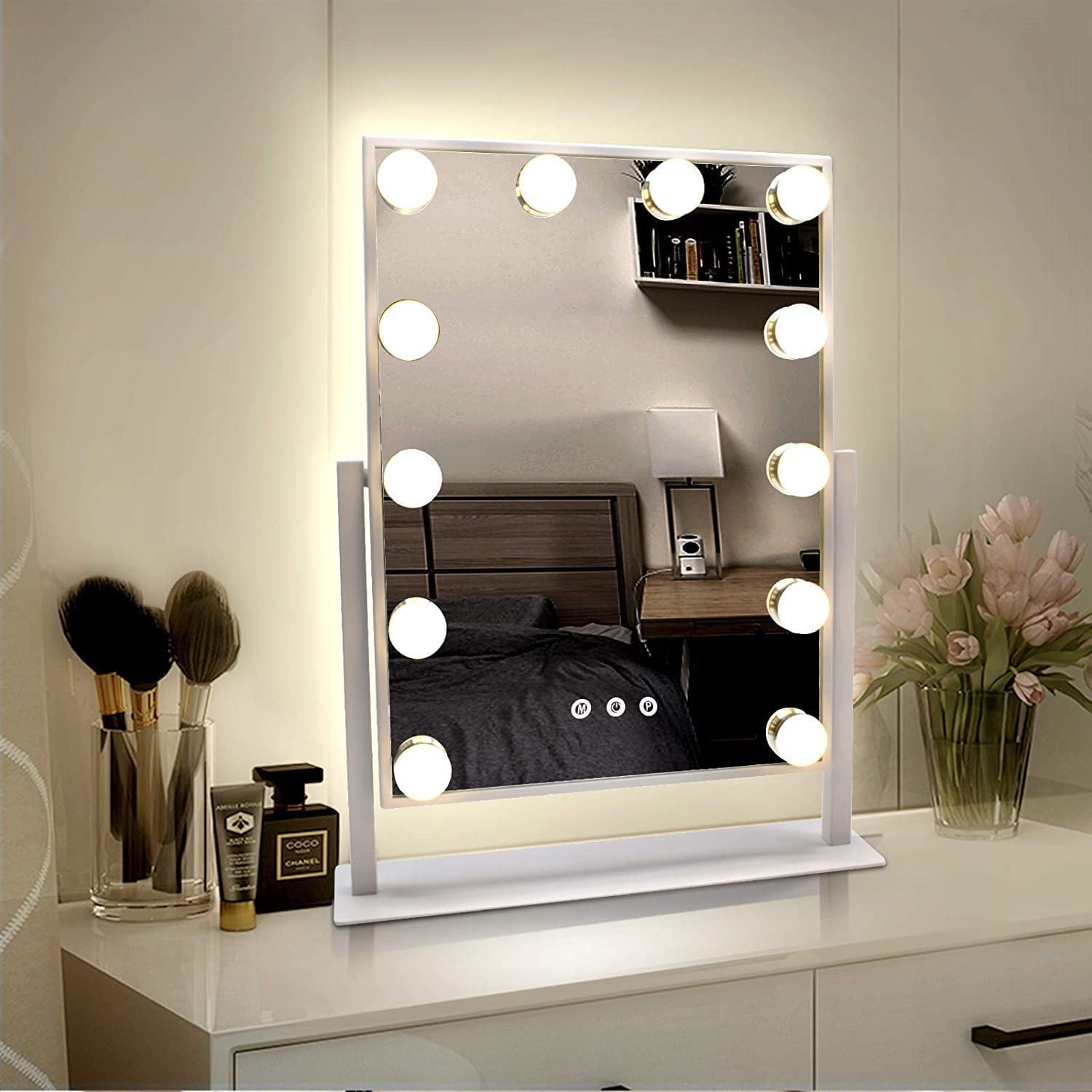 Fenair Hollywood Vanity Makeup Mirror with Lights 360 Swivel Tabletop Metal  White 14.5 x 18.5 