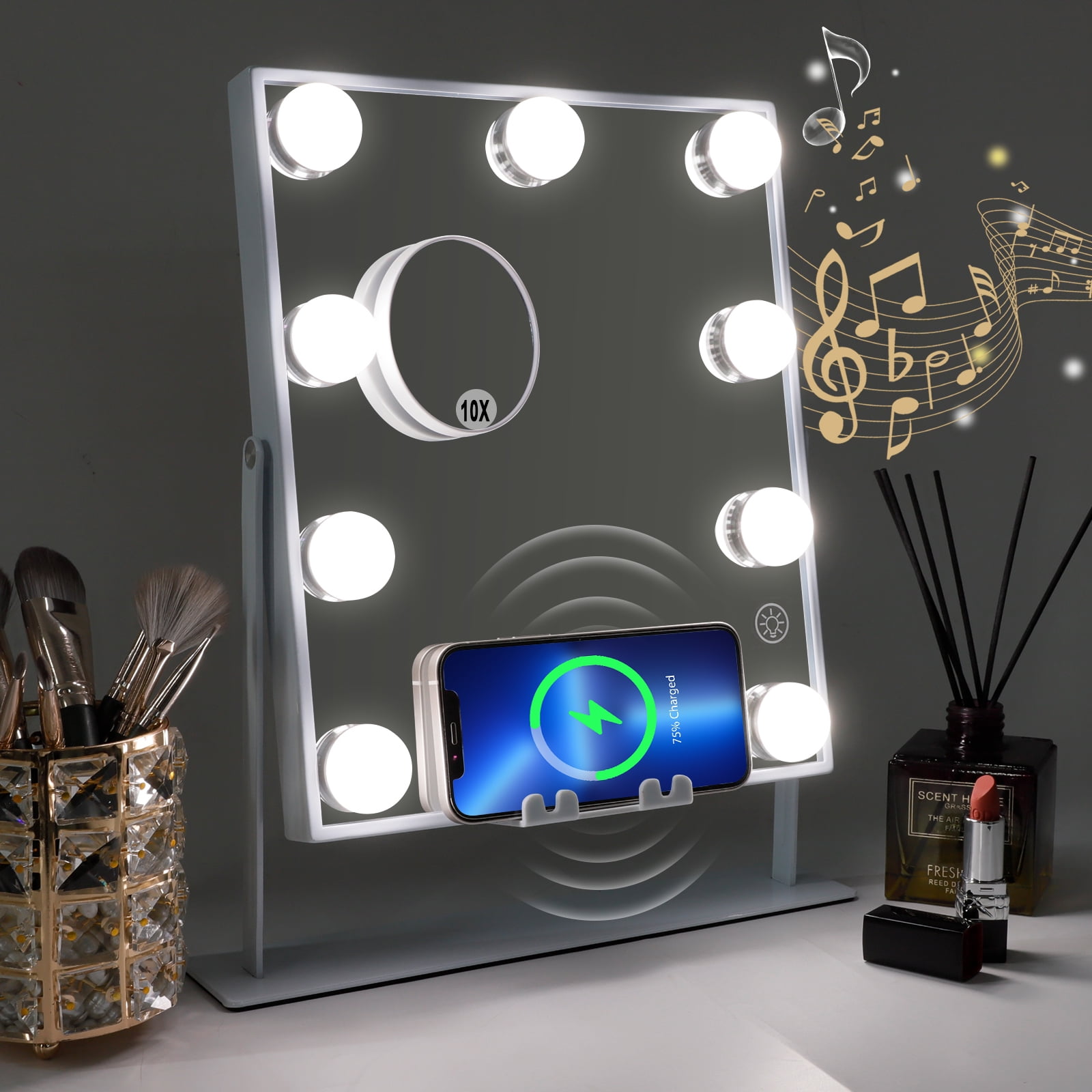 Fenair Bluetooth Hollywood Vanity Mirror with Lights Wireless Charging Tabletop Metal White, Size: 9.84 x 11.81