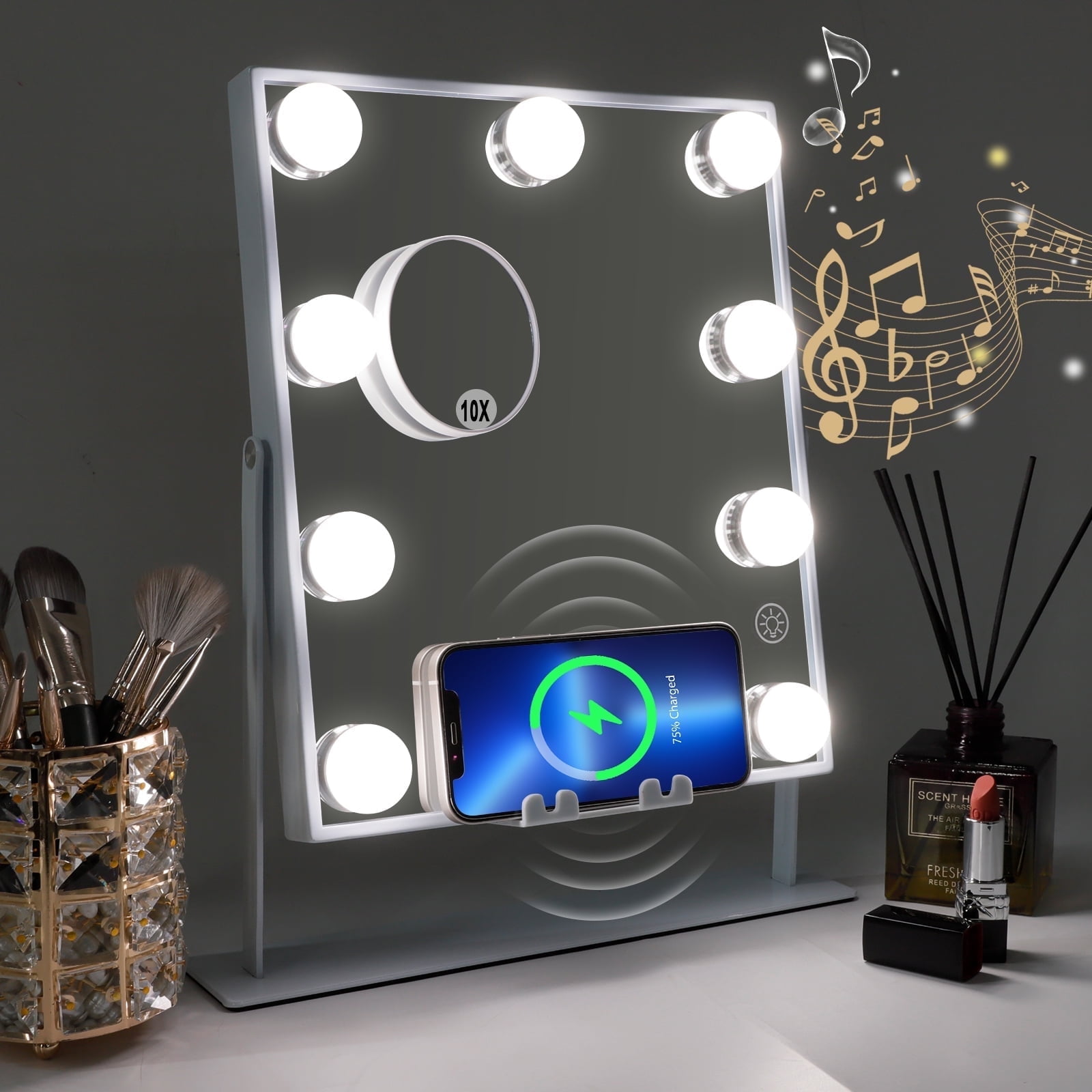 FENCHILIN Hollywood Vanity Makeup Mirror with Lights Bluetooth Wireless Charging Tabletop Metal White