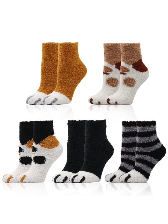 5 Packs Womens Cat Fuzzy Socks Warm Cozy Soft Winter Slipper Socks Gift Size 5-9"