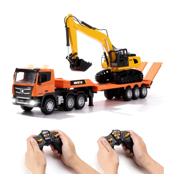 Fenbeli 1:18 RC Flatbed Truck and Excavator Toy Set, 2.4GHz 9-Channel Remote Control Construction Vehicles with Lights Sounds, 32.9" Semi-Trailer with 680 Rotating Digger, Gift for Boys 8-12, Orange