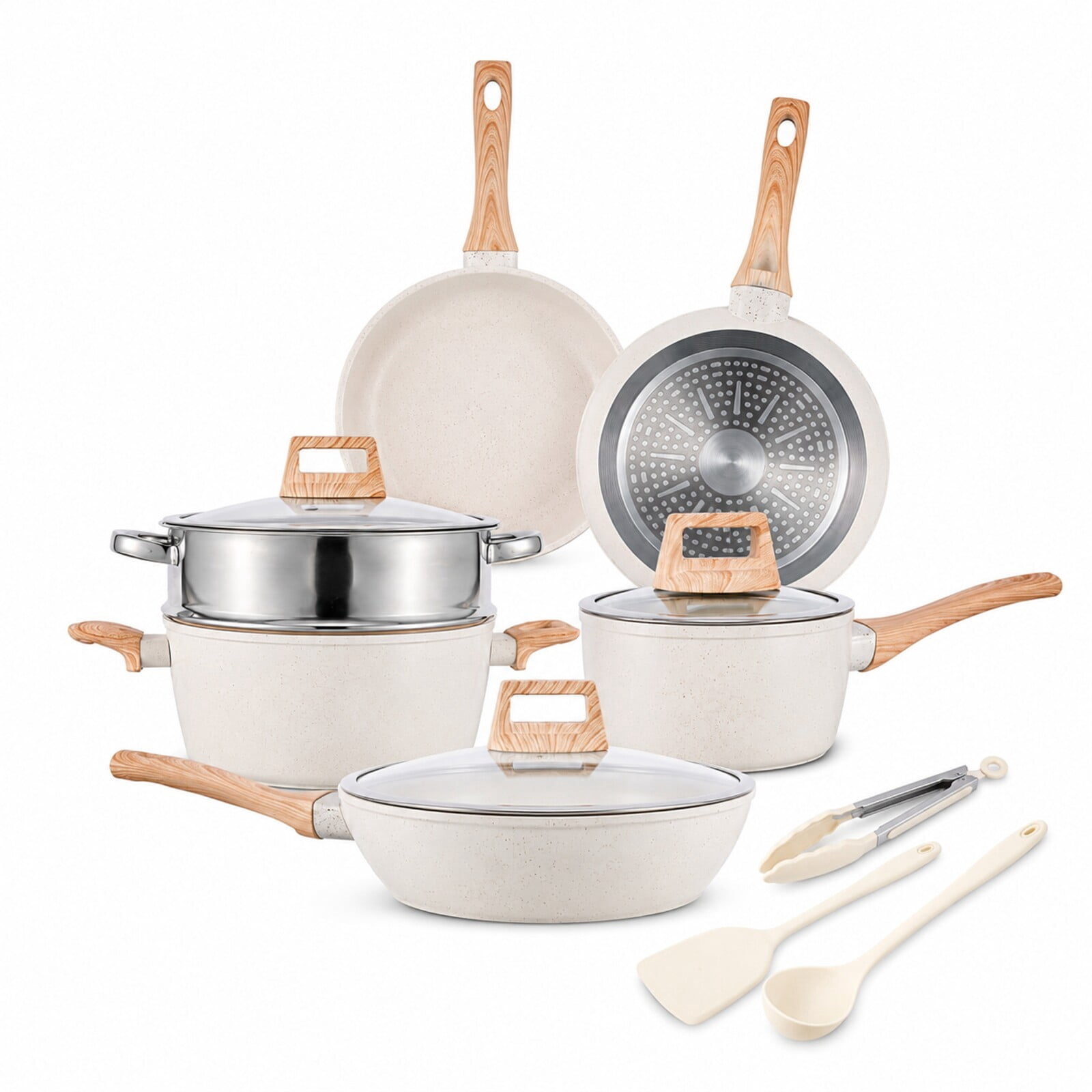 Fenbeli 12-Piece Ceramic Nonstick Cookware Set with Steamer and Utensils, Pots and Pans Set, Induction Compatible, Cream White