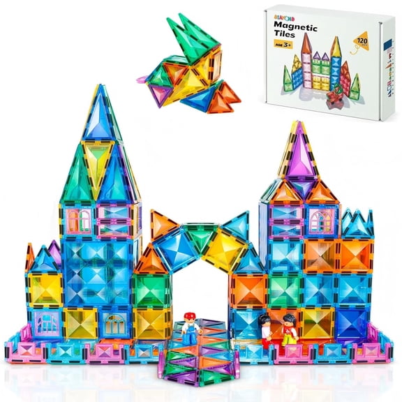 Fenbeli 120 Piece Magnetic Tiles, Magnetic Blocks with Car Base, STEM Sensory Educational Toys Gift for Kids, Multicolor