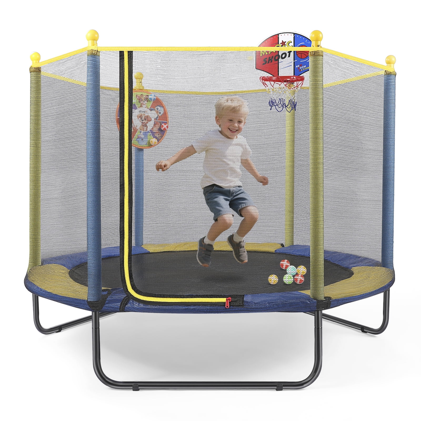Fenbeli 60'' Kids Trampoline with Safety Net, Basketball Hoop & Dartboard, Indoor Outdoor Toddler Trampoline for Ages 1-8