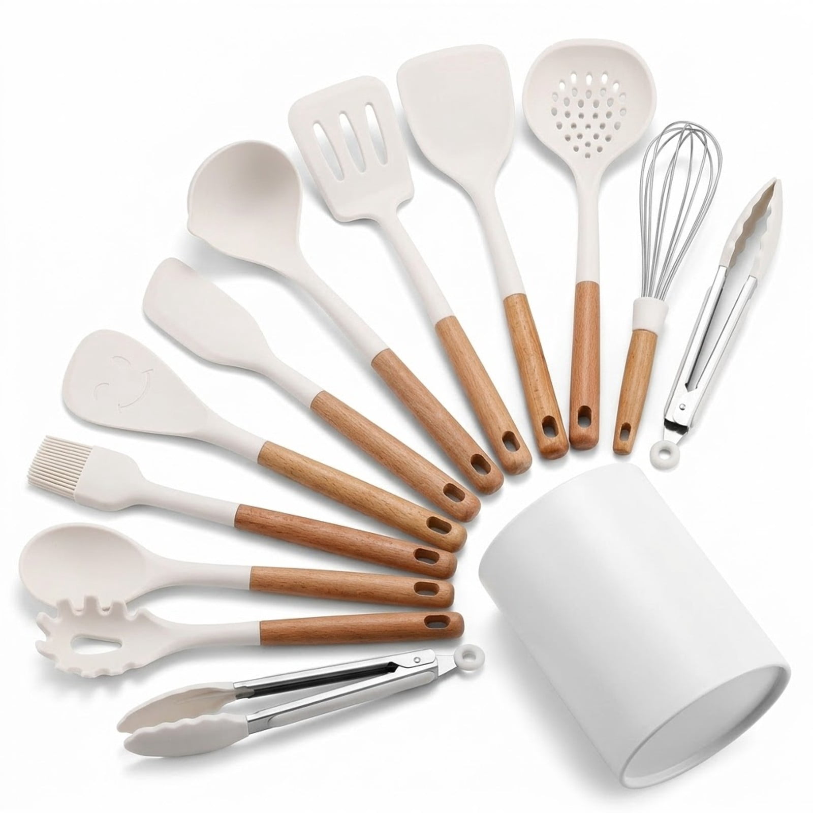Fenbeli 13-Piece Silicone Kitchen Utensil Set with Wooden Handles, Heat-Resistant Nonstick Cooking Tools, Cream White