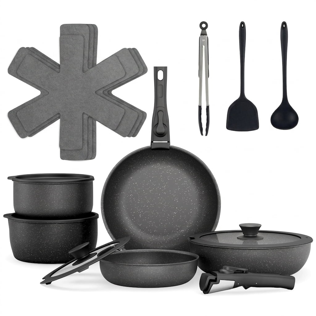 Fenbeli 18-Piece Ceramic Nonstick Cookware Set with Removable Handles, Stackable Pots and Pans, Fridge Storage Lids, Pot Protectors, Induction Compatible