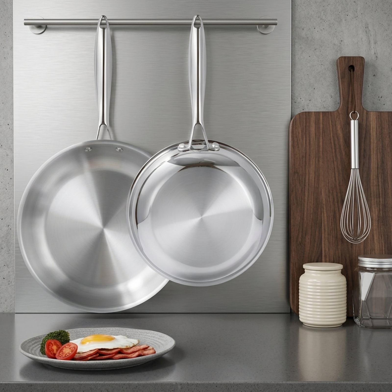 Fenbeli 2-Piece Stainless Steel Fry Pan Set with 9.5 and 11 Inch Skillets, Tri-Ply Base, Cool-Touch Handles, Silver