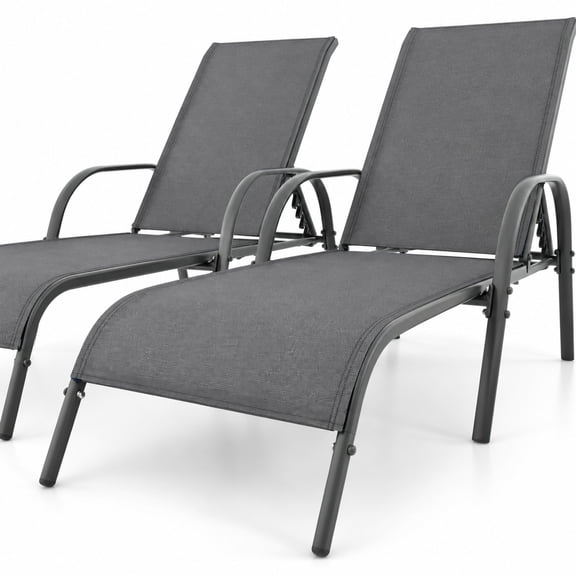 Fenbeli 2 Pieces Outdoor Patio Lounge Chair Chaise Fabric with Adjustable Reclining Armrest, Fabric Steel Horizontal Frame, Dark Gray