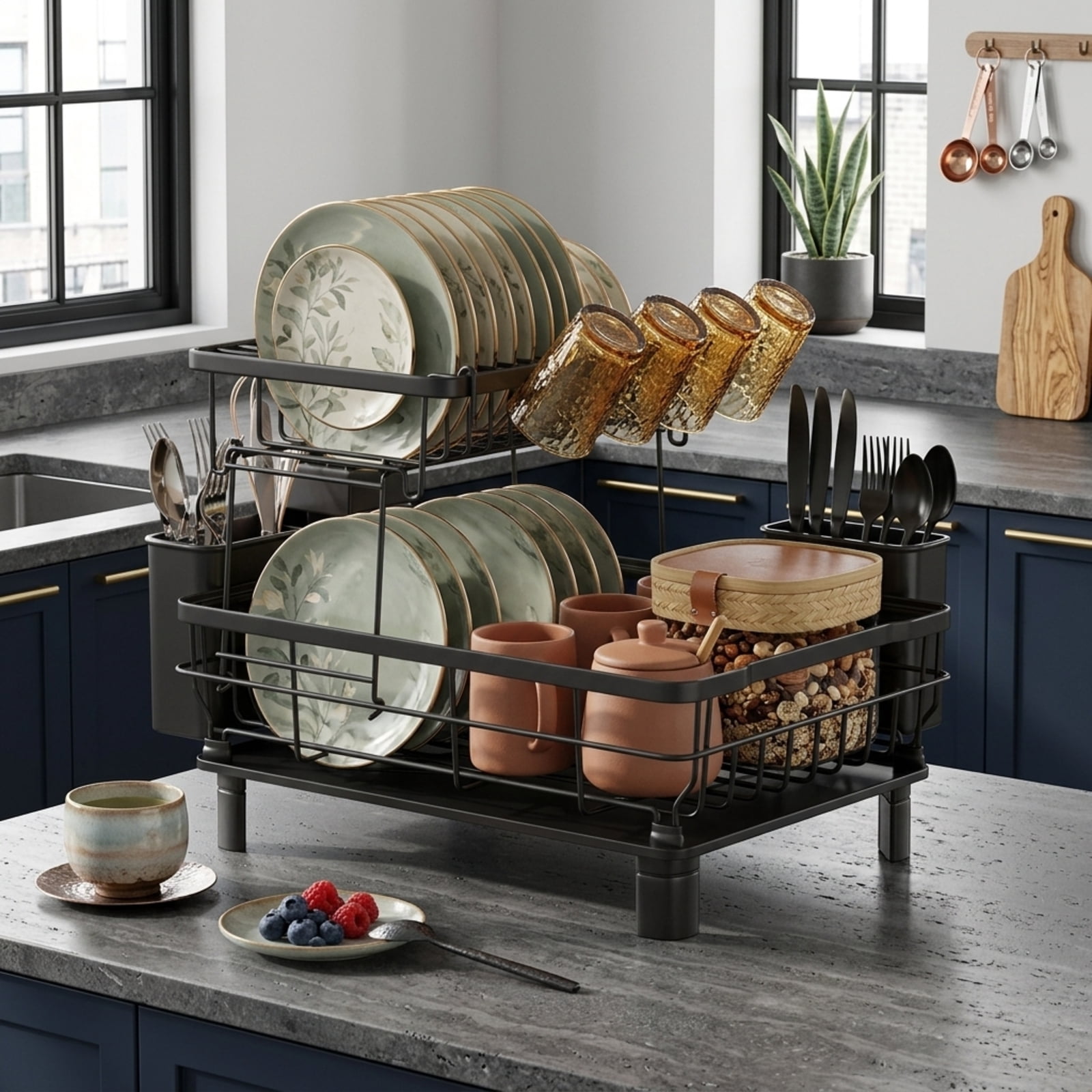 Fenbeli 2-Tier Dish Drying Rack with Rotating Drainage Spout, Rust-Resistant Countertop Dish Rack with Utensil Holder, Black